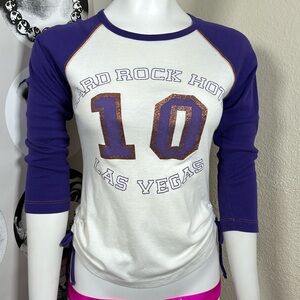 Hard Rock Hotel Las Vegas Y2k Era Purple & White Ringer Tee w/ Ruching Sz S 💜🧡